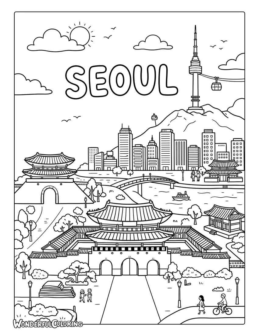 Seoul Gyeongbokgung Palace black and white coloring page with traditional gates, tower, and city skyline