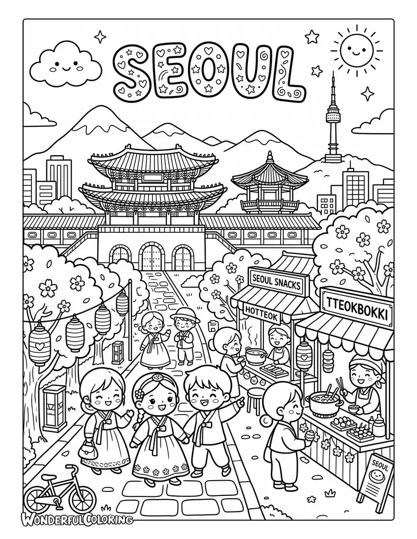 Seoul Gyeongbokgung Palace kawaii coloring page with hanbok characters, cherry blossoms, and street food