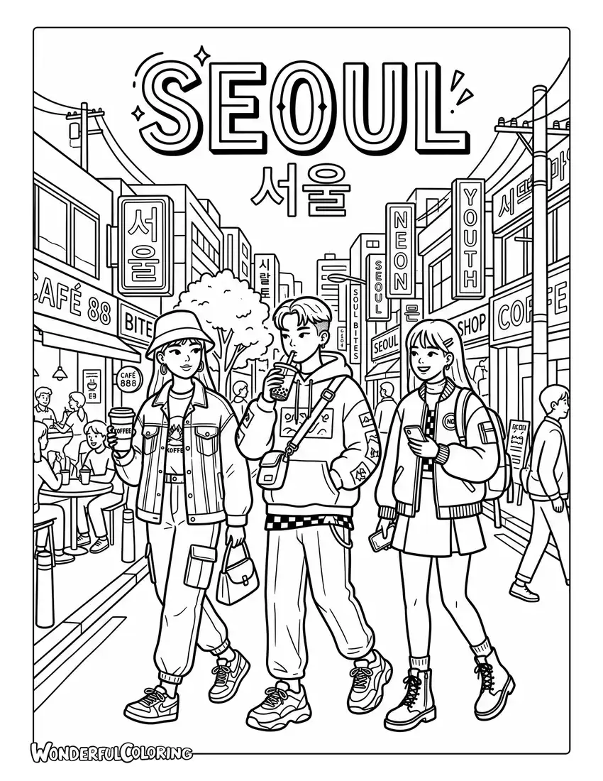 Seoul K-fashion street coloring page with stylish people, Korean outfits, cafes, and urban signs