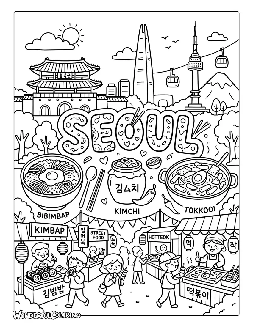 Seoul Korean food coloring page with kimchi, bibimbap, tteokbokki, street market, and landmarks