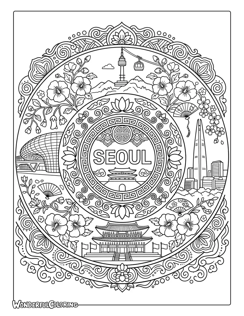 Seoul Korean mandala coloring page with city landmarks, traditional patterns, flowers, and symmetrical details
