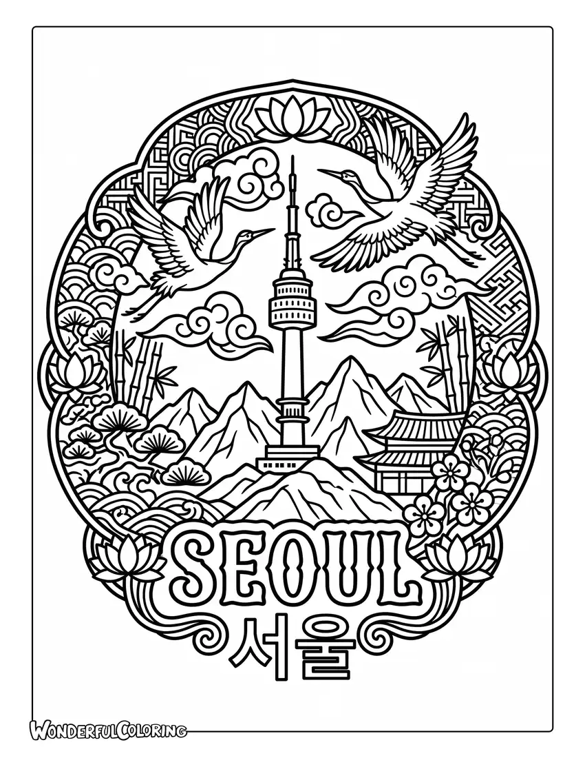 Seoul Korean tattoo art coloring page with N Seoul Tower, clouds, cranes, and traditional patterns