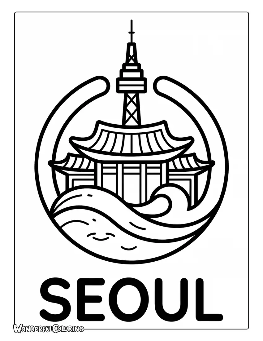 Seoul landmark minimalist coloring page with N Seoul Tower, Han River waves, and Korean roof designs