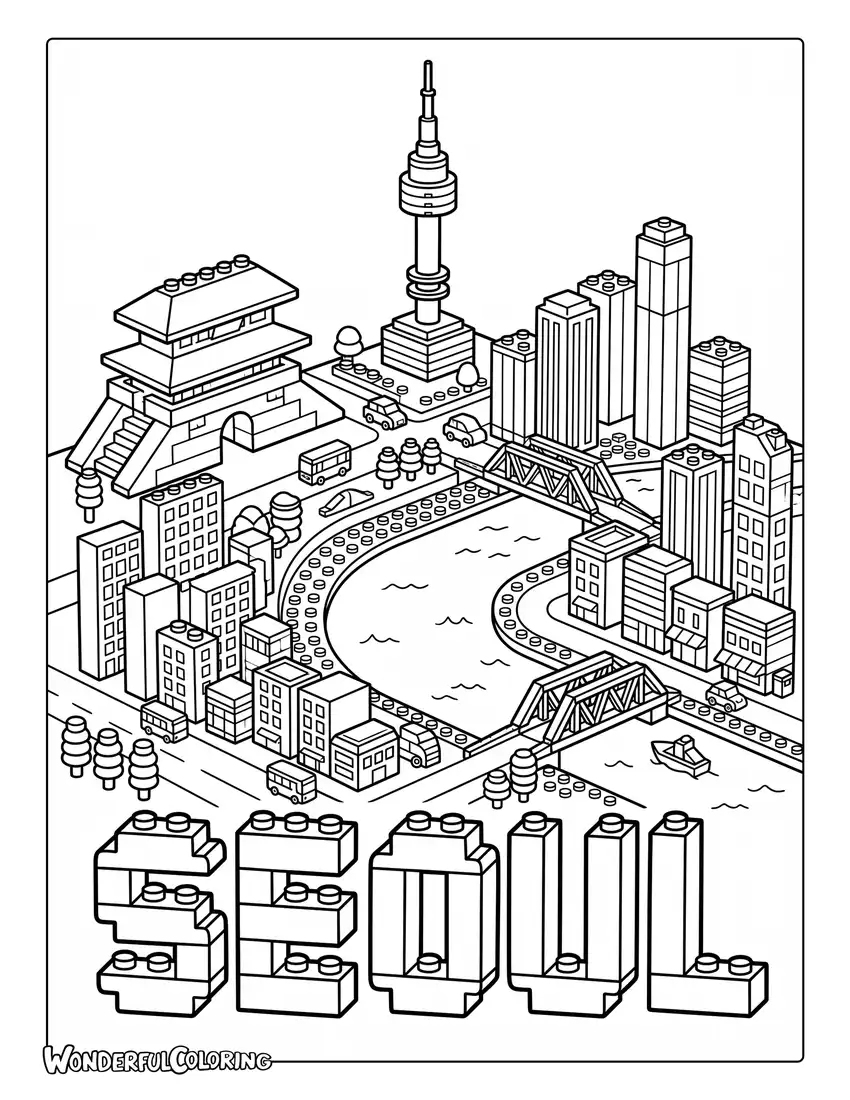 Seoul LEGO city coloring page with miniature landmarks, Han River bridges, skyscrapers, and block details