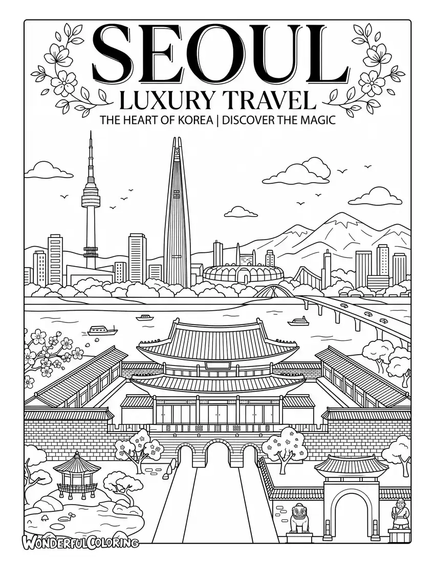 Seoul luxury travel magazine coloring page with Lotte World Tower, Gyeongbokgung Palace, and Han River