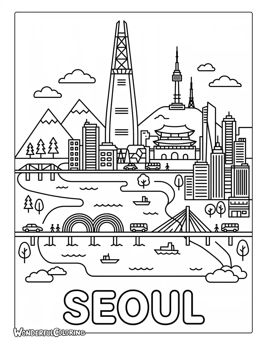 Seoul modern skyline coloring page with Lotte World Tower, Han River, bridges, and city buildings