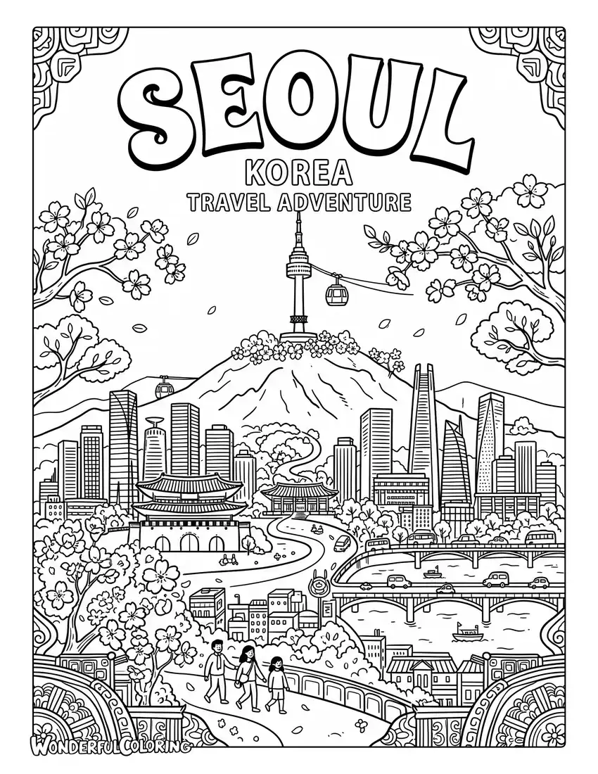Seoul N Seoul Tower travel poster coloring page with traditional Korean patterns, cherry blossoms, and skyscrapers
