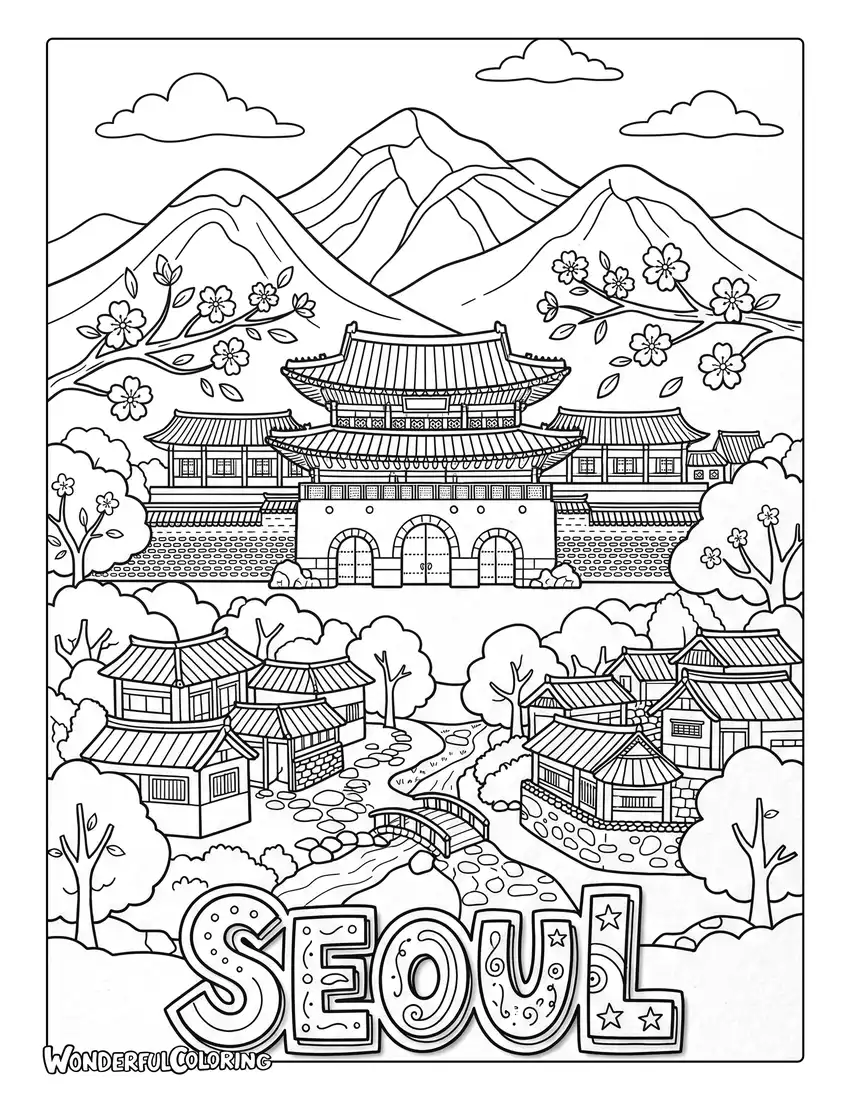 Seoul paper cut craft coloring page with palace buildings, cherry blossoms, mountains, and layered scenery