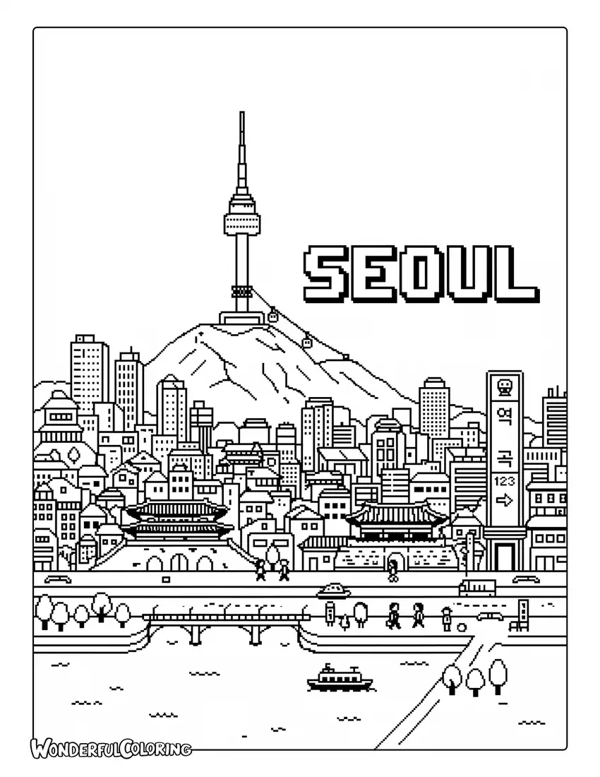 Seoul pixel art city coloring page with N Seoul Tower, subway signs, Han River, and skyscrapers
