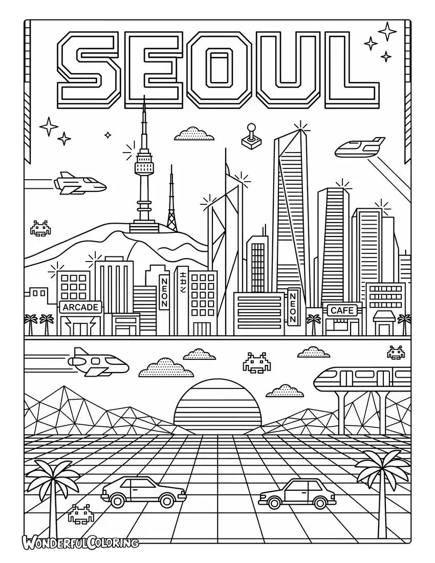 Seoul retro neon city coloring page with glowing skyline, city lights, arcade graphics, and futuristic details