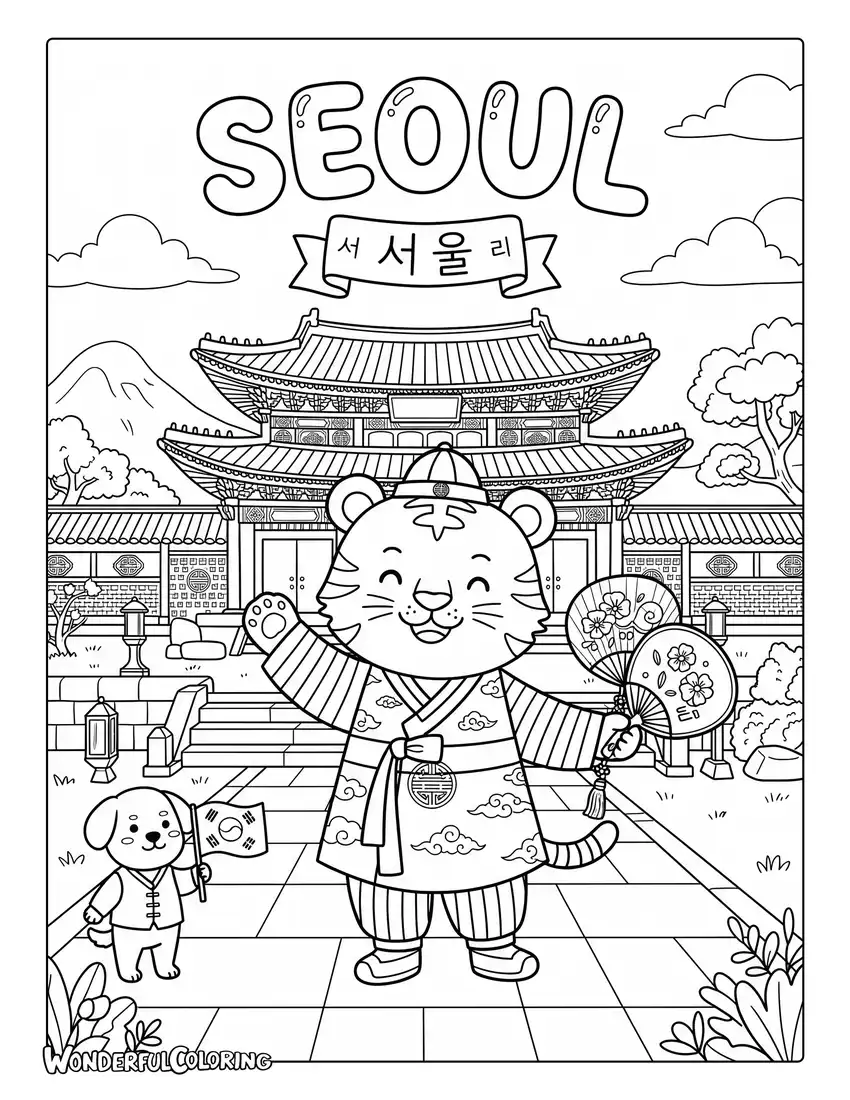 Seoul tiger hanbok cartoon coloring page with Korean palace, traditional fan, and cultural details