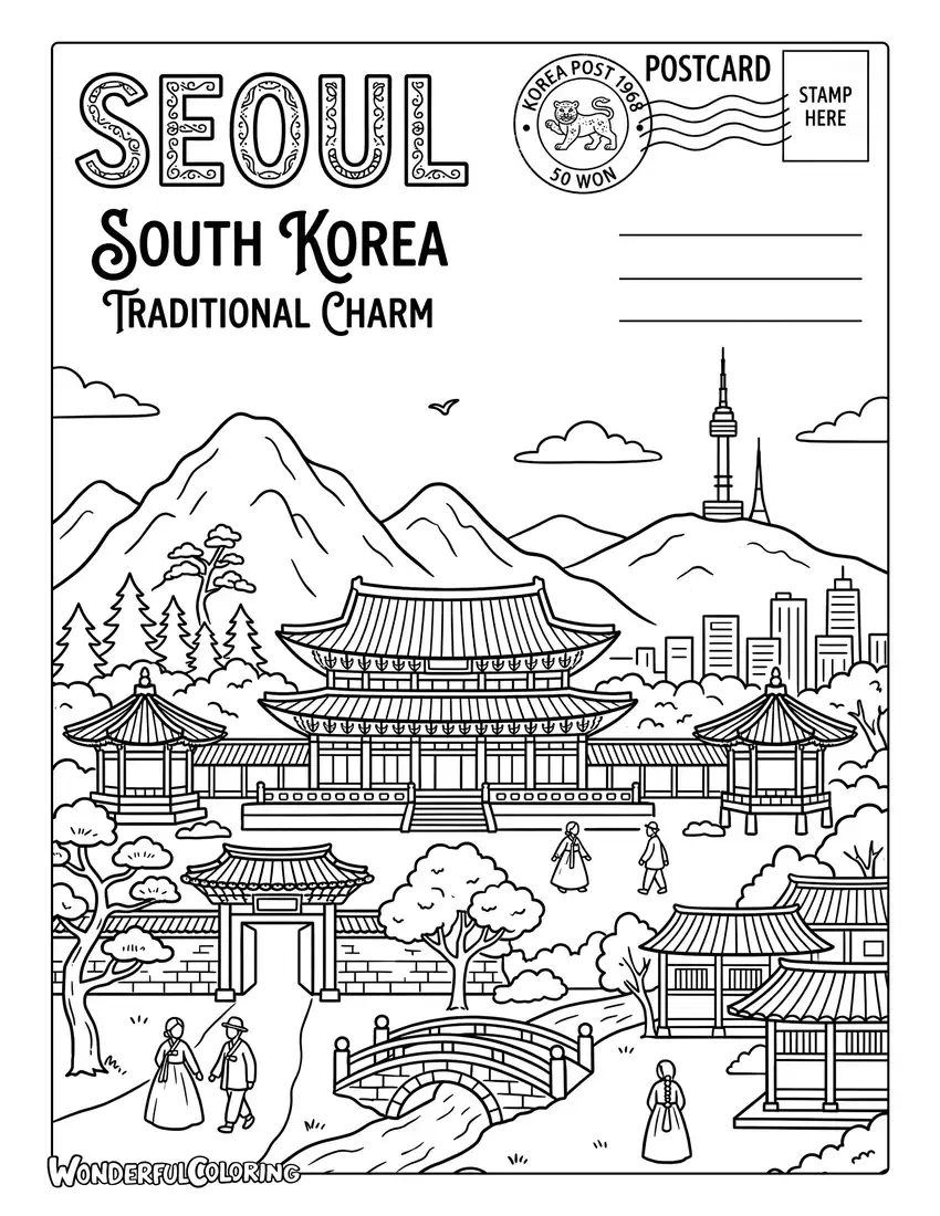 Seoul vintage travel postcard coloring page with Changdeokgung Palace, mountains, and Korean architecture