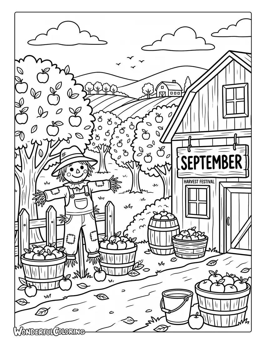 Apple orchard coloring page with harvest baskets, fresh apples, scarecrow, and rustic barn