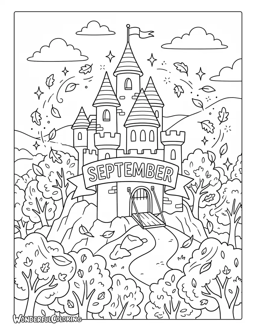 Fantasy castle coloring page with colorful autumn trees, sparkling leaves, and royal banner