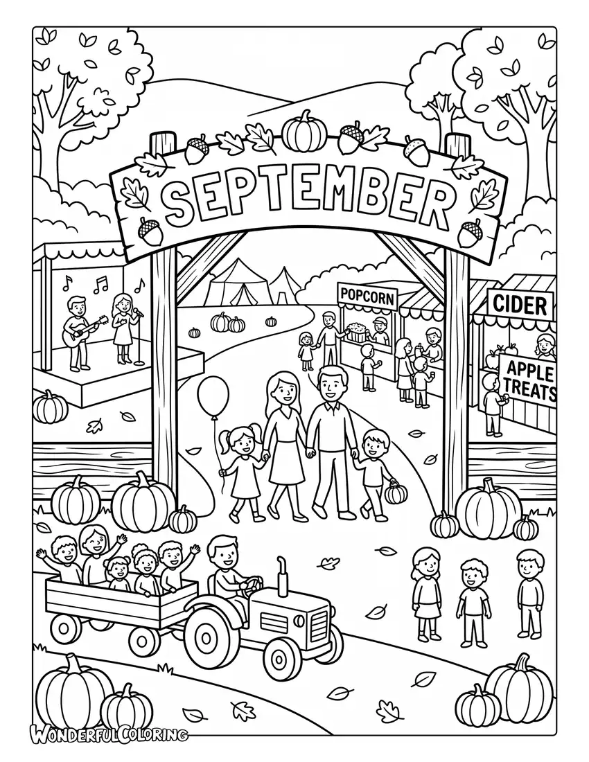 Autumn festival coloring page with music, hayrides, pumpkins, food stalls, and families