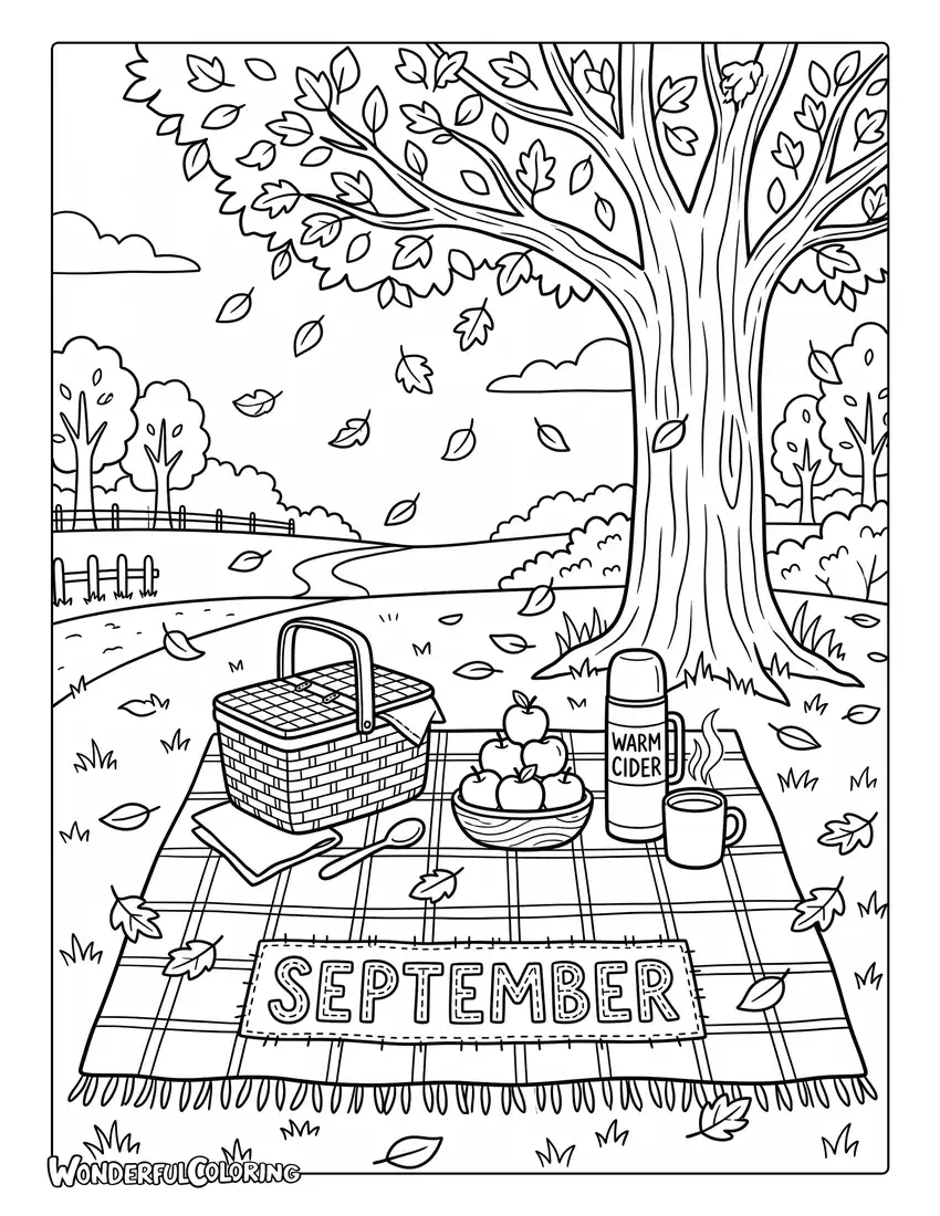 Autumn picnic coloring page with plaid blanket, apples, warm cider, and falling leaves