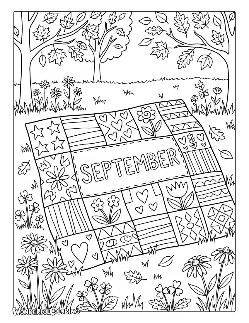 Autumn patchwork quilt coloring page with grassy meadow, wildflowers, and fallen leaves
