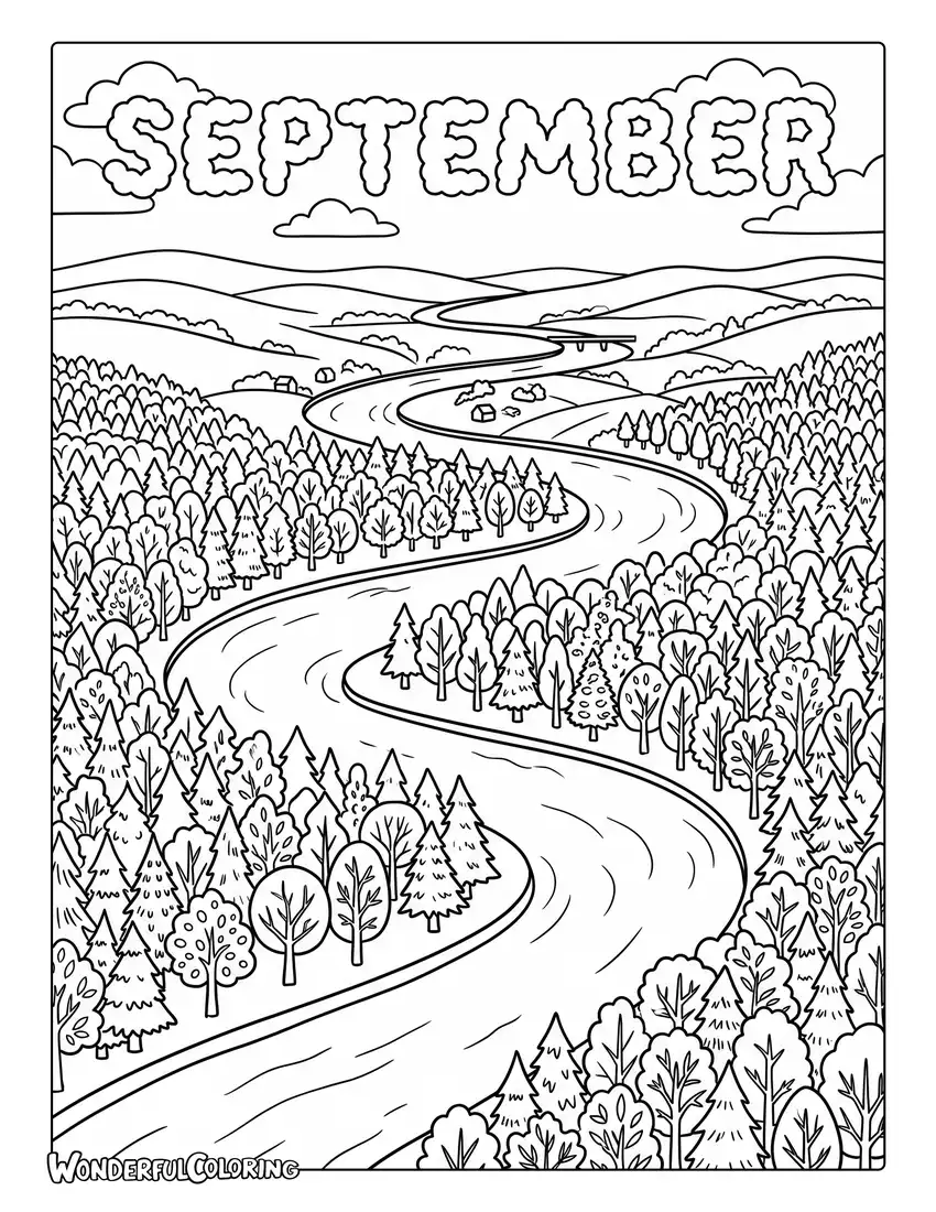 Autumn river landscape coloring page with golden forest, winding river, and colorful foliage