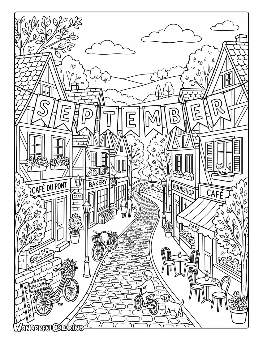 Autumn village street coloring page with colorful trees, bicycles, cafés, and flower boxes