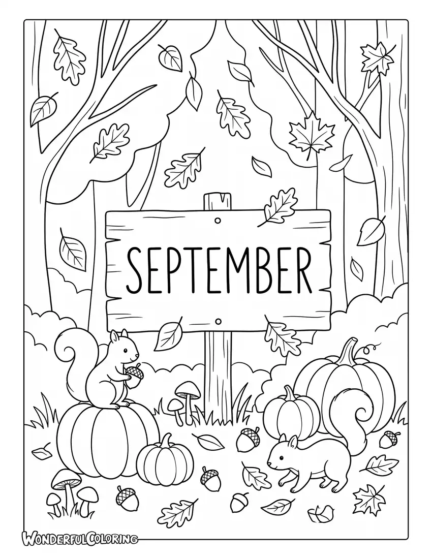 Autumn woodland coloring page with falling leaves, pumpkins, mushrooms, squirrels, and acorns