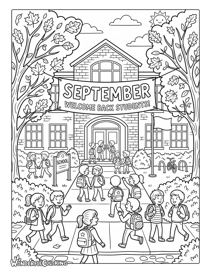 Back to school coloring page with students, backpacks, autumn trees, and school entrance