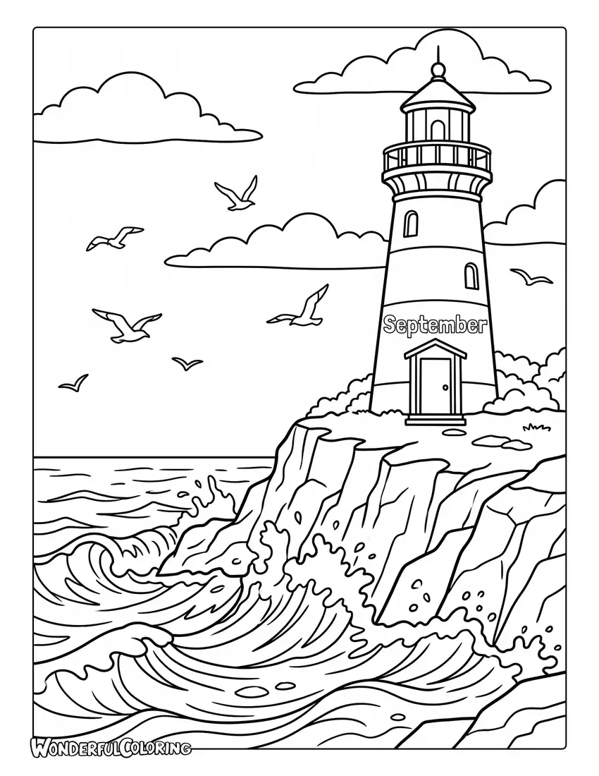 Coastal lighthouse coloring page with ocean waves, seabirds, and crisp autumn sky