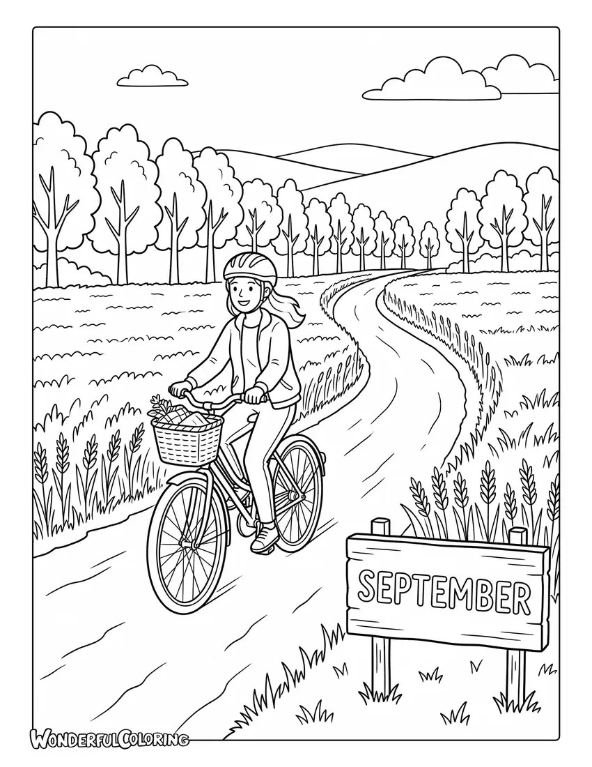 Countryside bicycle coloring page with golden fields, autumn trees, and roadside sign