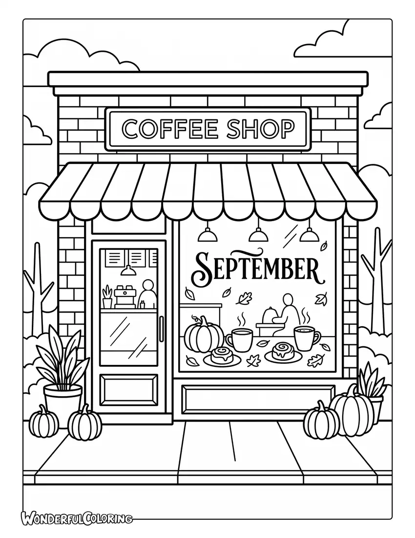 Cozy coffee shop coloring page with pumpkins, cinnamon rolls, warm drinks, and decorated window