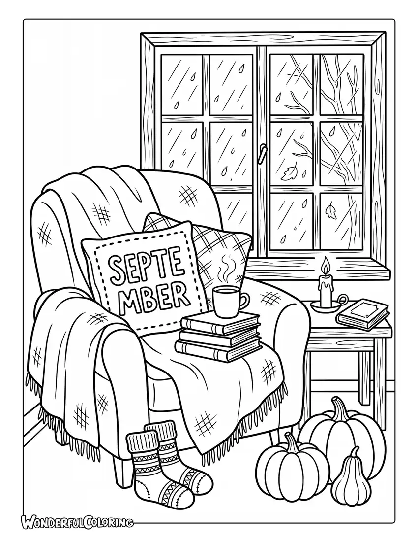 Cozy reading nook coloring page with blankets, candles, pumpkins, books, and rainy window