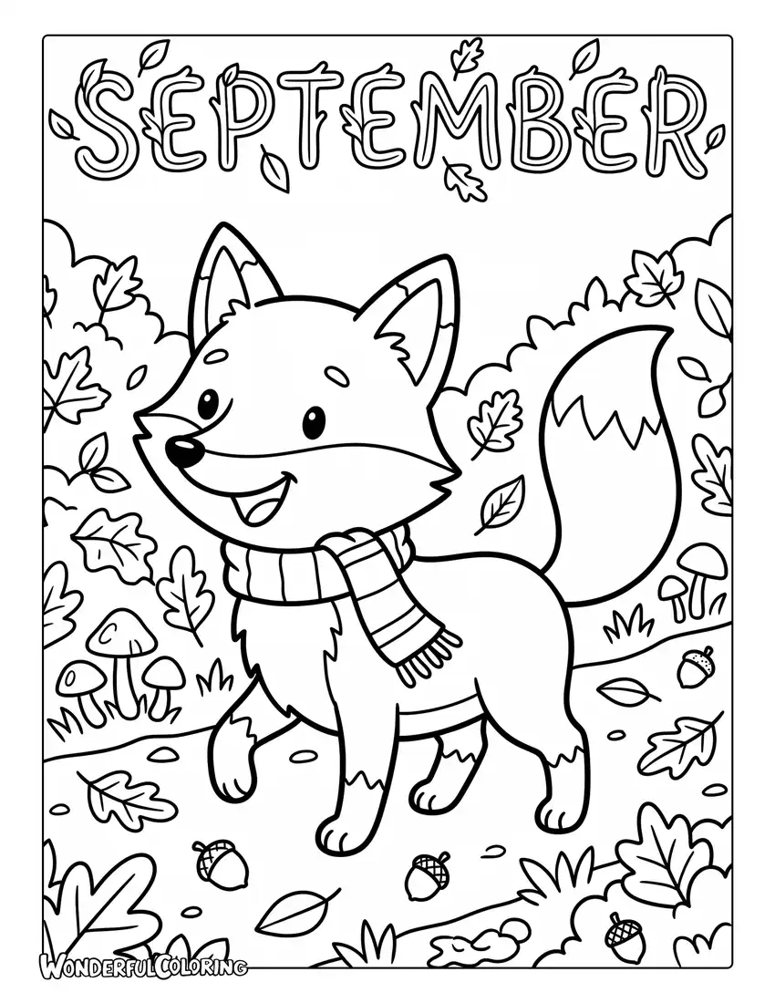Cute fox coloring page with scarf, fallen autumn leaves, mushrooms, and acorns