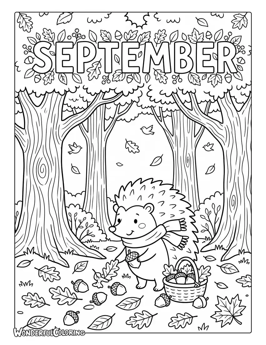Cute hedgehog coloring page with acorns, oak trees, and colorful autumn leaves