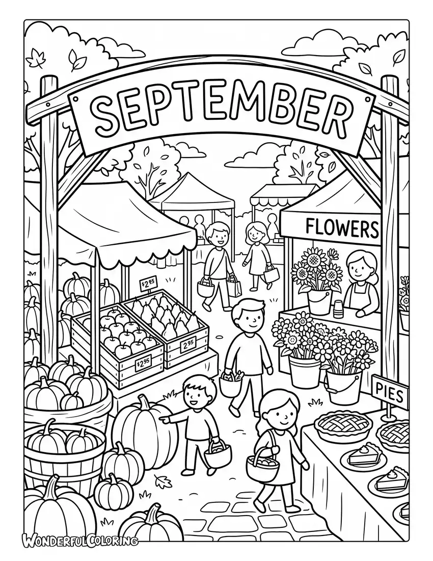 Farmers market coloring page with pumpkins, apples, pears, flowers, and homemade pies