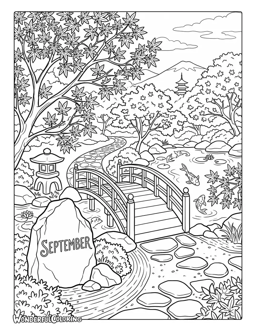 Japanese garden coloring page with maple trees, koi pond, stone lantern, and wooden bridge