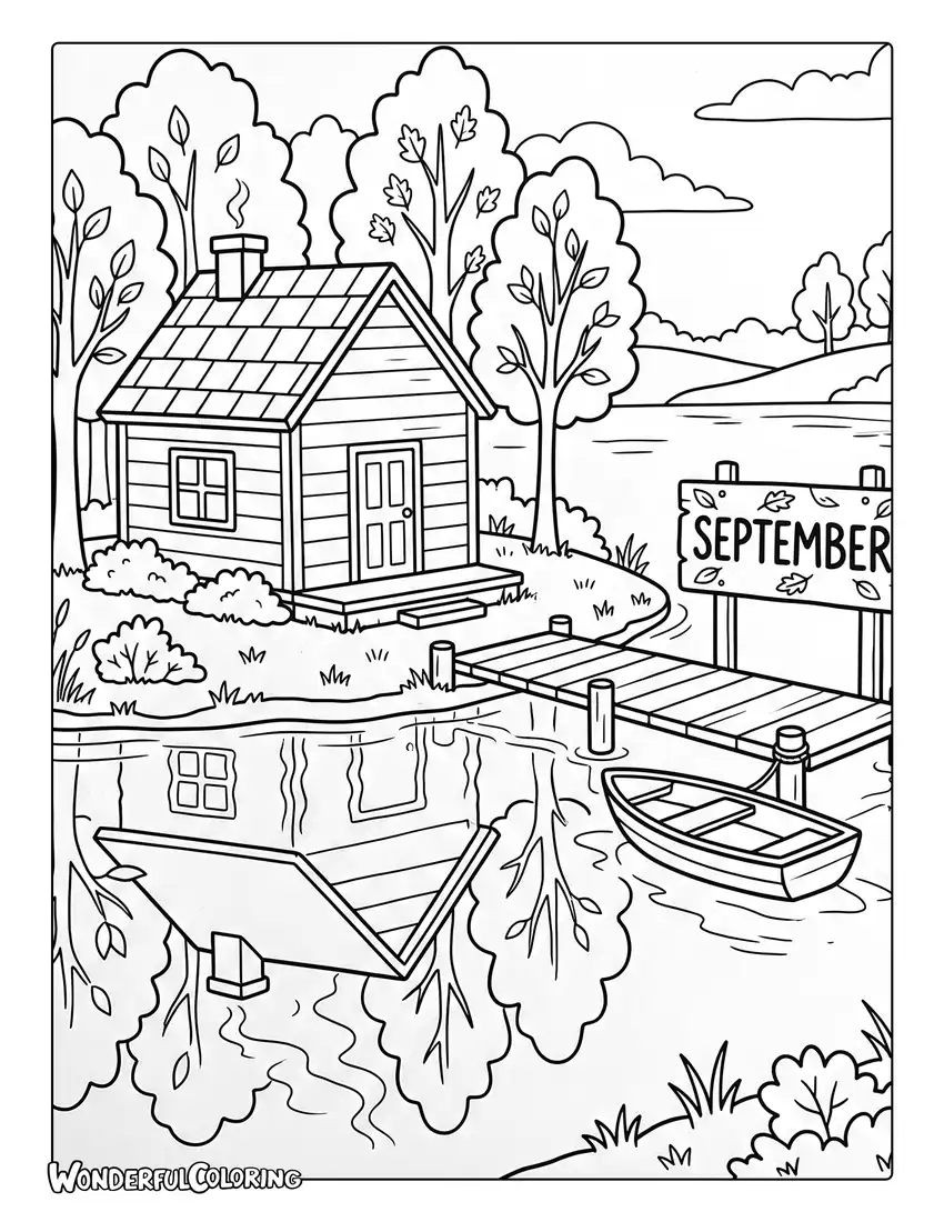 Lakeside cabin coloring page with golden autumn trees, calm water, and rustic wooden dock