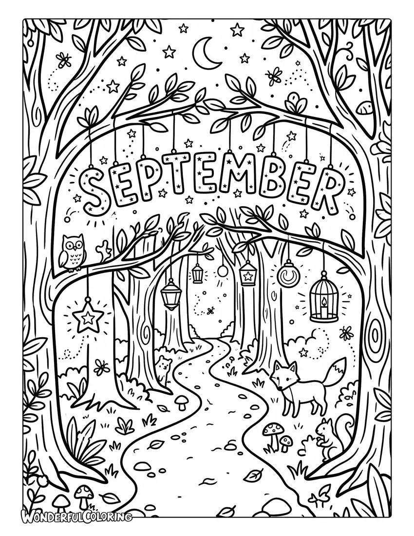 Magical autumn forest coloring page with glowing lanterns, fireflies, and woodland trees