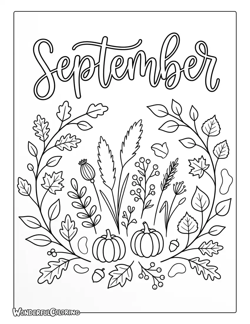 Minimalist autumn coloring page with delicate branches, dried flowers, and elegant seasonal design