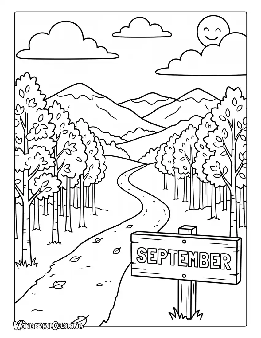 Mountain landscape coloring page with golden aspen trees, winding hiking trail, and clear sky