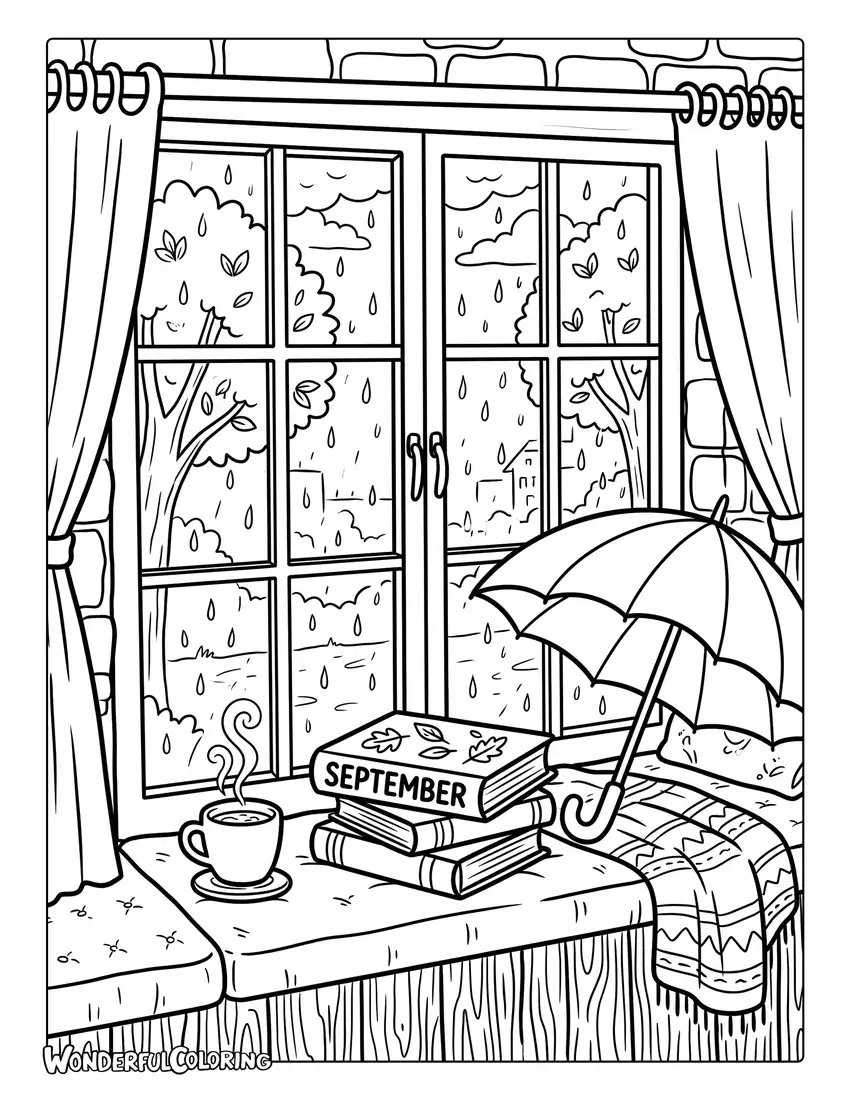 Rainy afternoon coloring page with umbrella, books, steaming tea, and cozy window seat