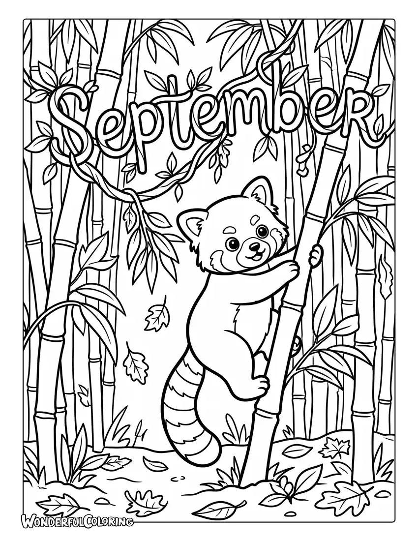 Cute red panda coloring page with bamboo forest, golden leaves, and woodland scenery