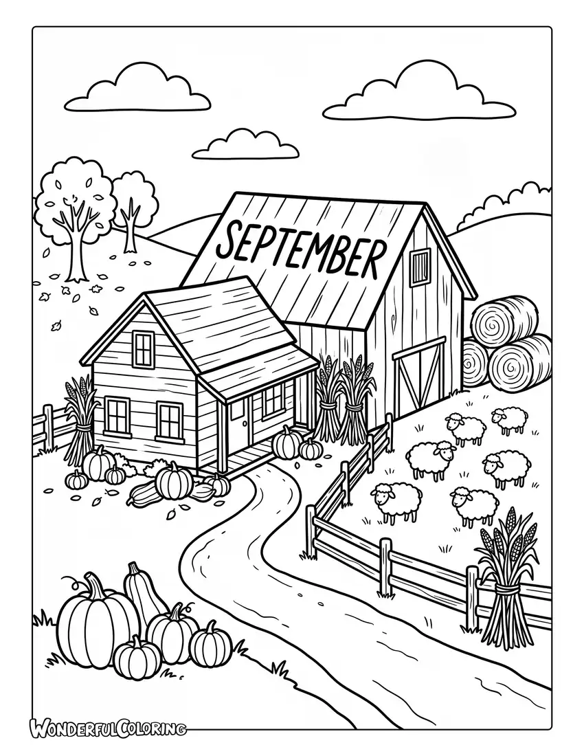 Rustic farmhouse coloring page with hay bales, pumpkins, corn stalks, and grazing sheep