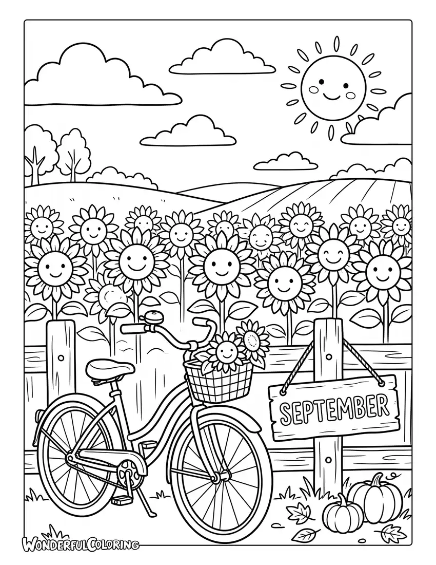 Sunflower field coloring page with vintage bicycle, wooden fence, and bright blue sky