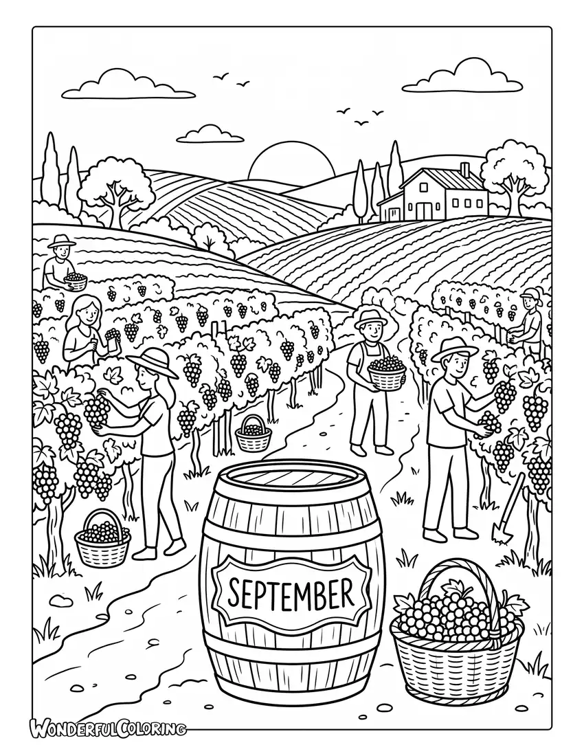 Vineyard harvest coloring page with grape baskets, rolling hills, and warm sunset