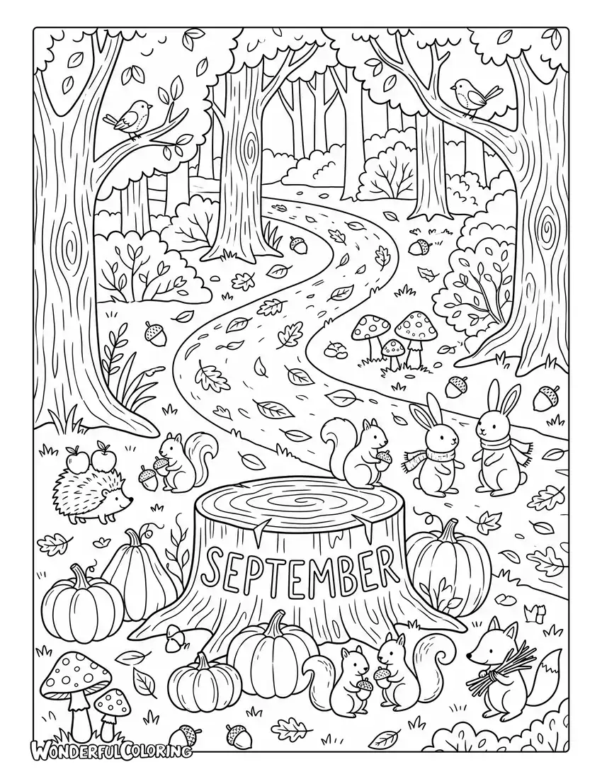 Woodland path coloring page with pumpkins, mushrooms, hedgehogs, and colorful autumn leaves