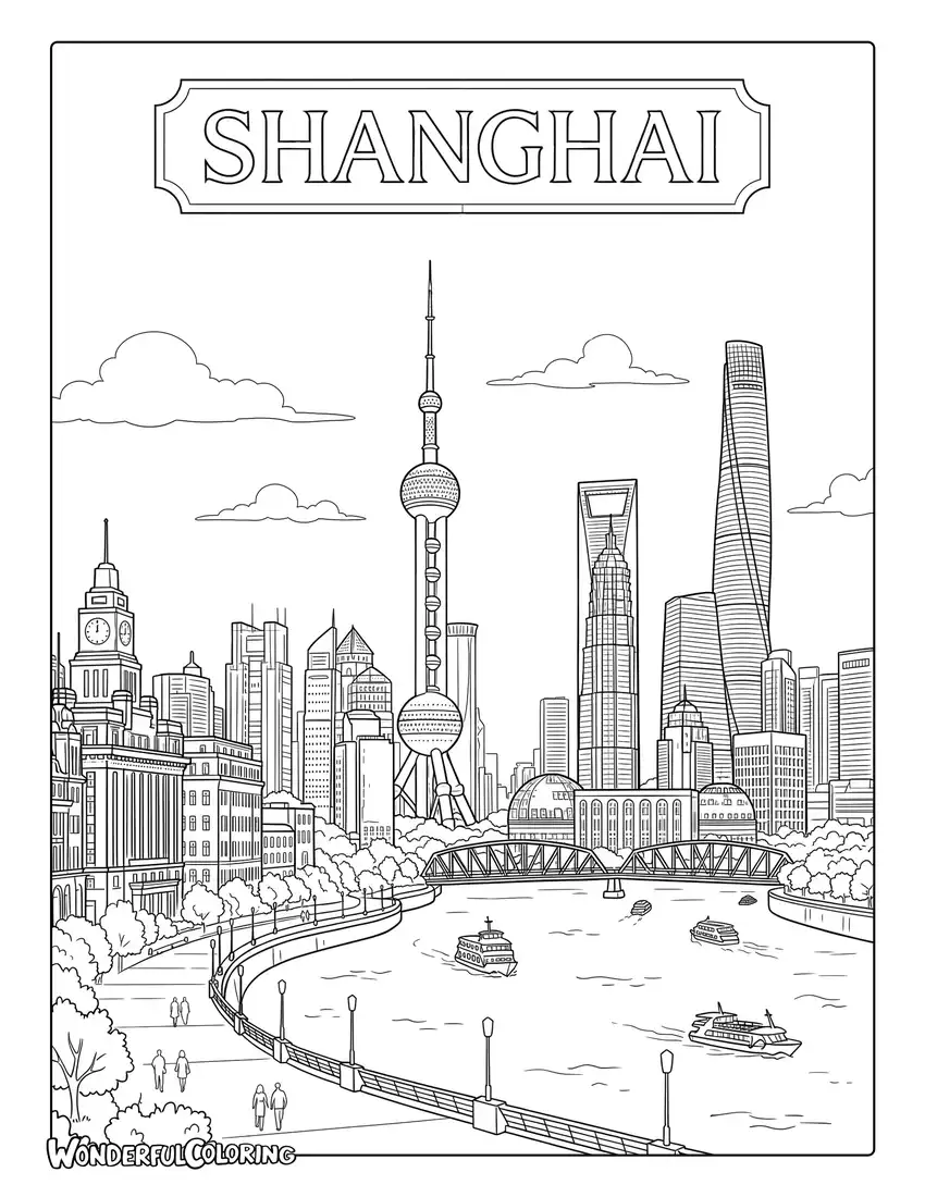 Shanghai architectural sketch with Bund buildings, Shanghai Tower, Jin Mao Tower, and Oriental Pearl Tower coloring page