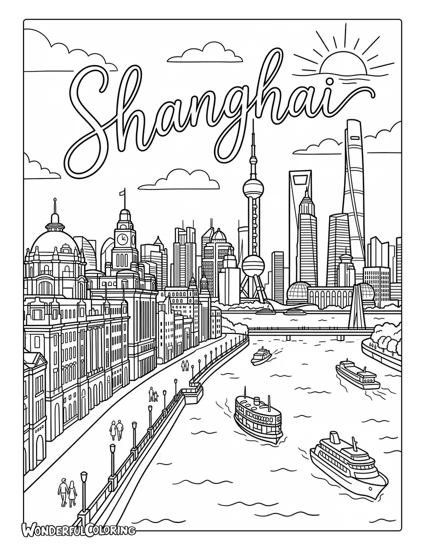 Shanghai Bund waterfront with historic buildings and modern skyscrapers coloring page