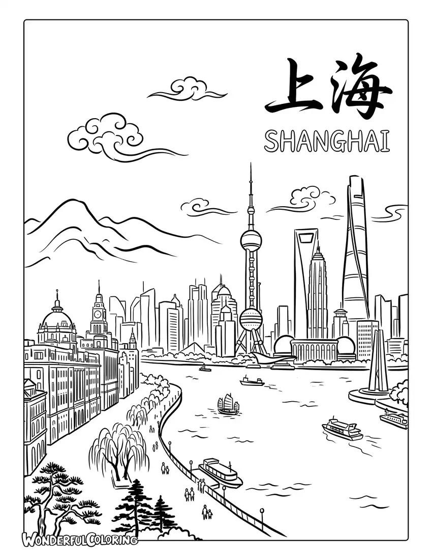 Shanghai skyline with traditional ink wash style and modern skyscrapers coloring page