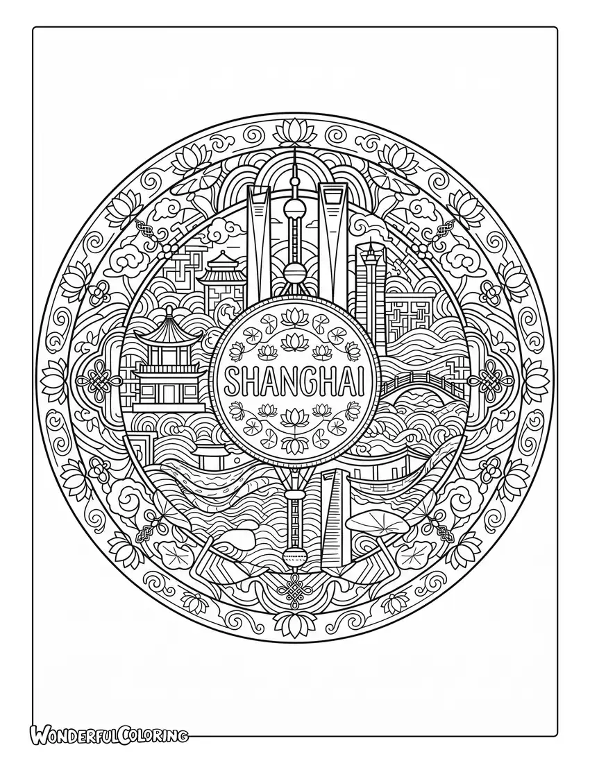 Shanghai landmark mandala with traditional patterns, lotus flowers, and decorative elements coloring page