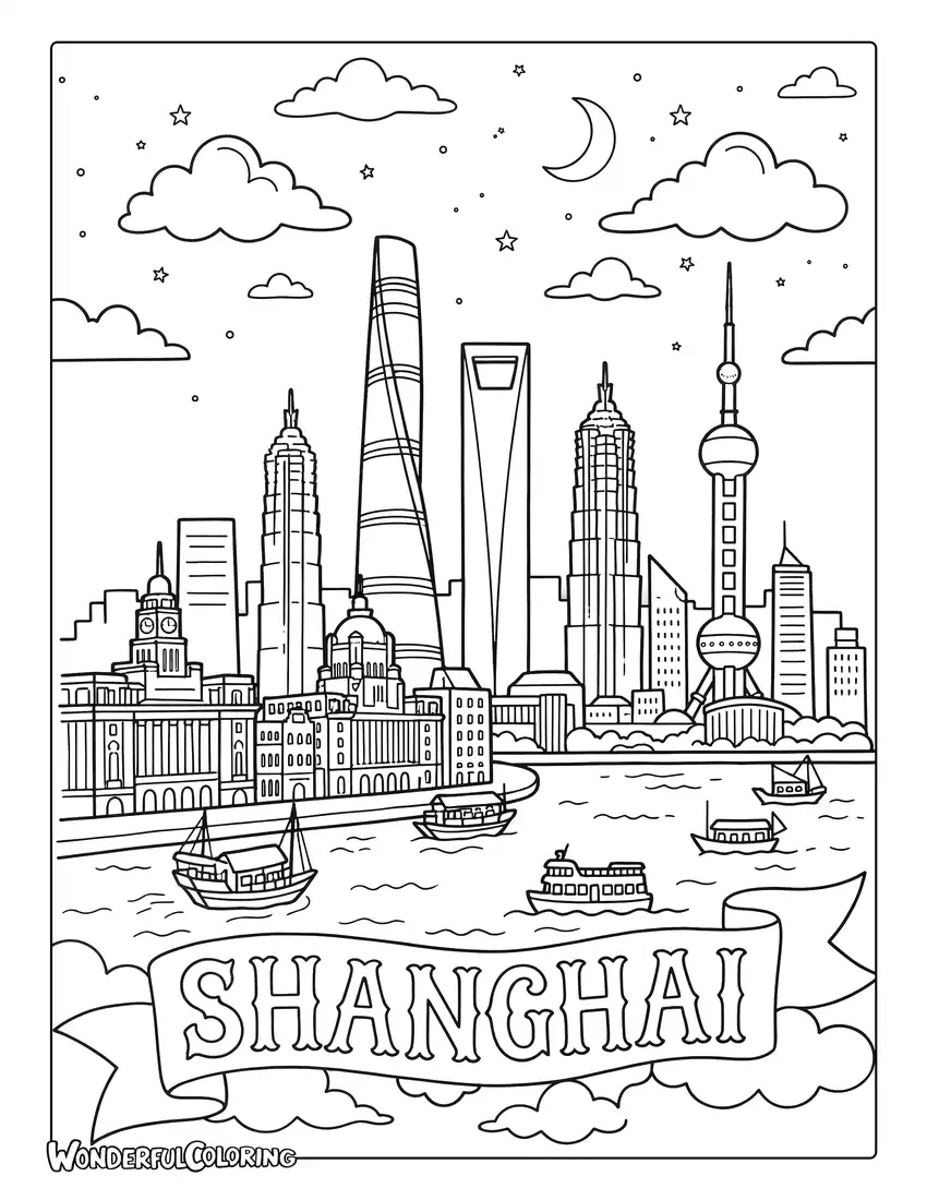 Shanghai skyline with Bund buildings, Shanghai Tower, boats, and paper cut designs coloring page