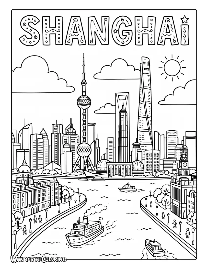 Shanghai skyline with Oriental Pearl Tower, Shanghai Tower, and Huangpu River coloring page