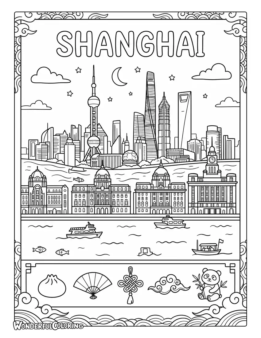 Shanghai world city poster with Oriental Pearl Tower, Shanghai Tower, Bund, and river waves coloring page